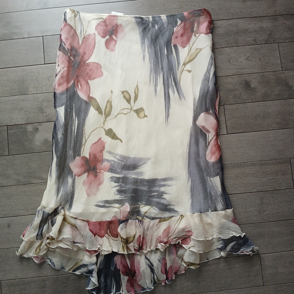 100% silk chiffon ruffled bias cut floral Y2K vintage skirt Fits like 10 VGUC